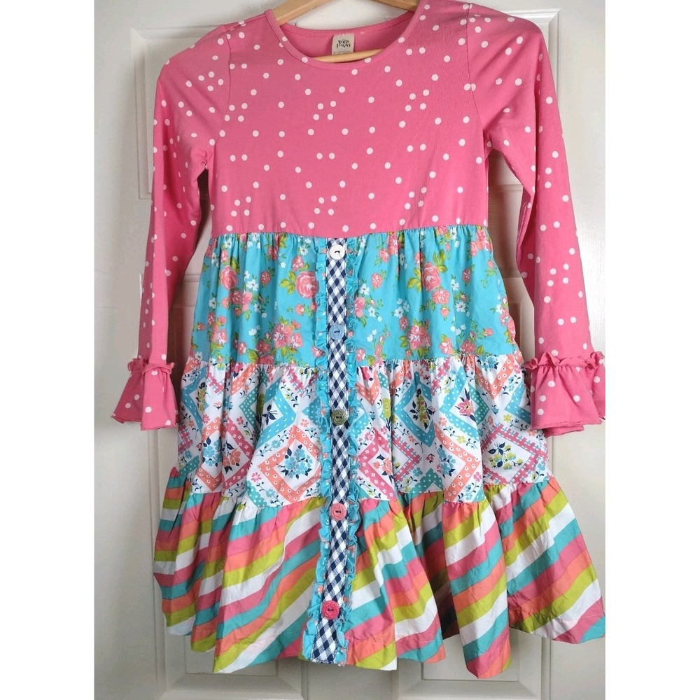Wildflowers Size 12 Girls Long Sleeve Tiered Dress Polka Dot Floral Stripe Blue